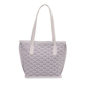 Classic white and grey tote bag with geometric pattern and dual handles on white background