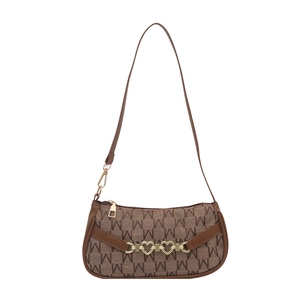 Borsa a spalla jacquard marrone vintage con motivo M e fibbie in metallo a cuore