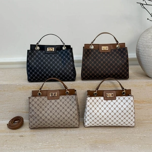 Women Vintage Monogram Shoulder Bag PU Leather Retro Square Handbag With Gold Twist Lock And Adjustable Strap