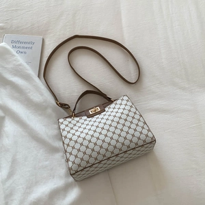 French style white crossbody handbag with brown monogram pattern and gold metal clasp