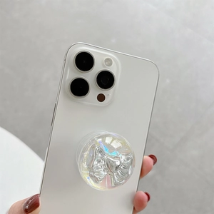 Chic 3D bow heart crystal phone grip socket with iridescent resin finish for smartphones