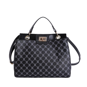 Fashionable women's handbag in black leather with grey monogram pattern and metal lock