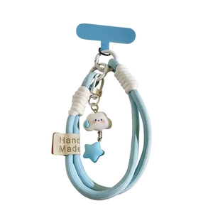 Handmade light blue braided phone lanyard with cloud and star pendants and hand made label