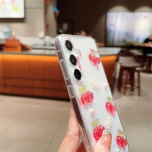Clear glitter phone case with 3D red cherries, pearls and white bow decorations