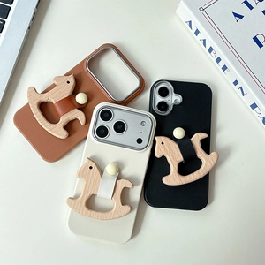 Lychee texture phone case with 3D rocking horse stand for iPhone 16 Pro Max