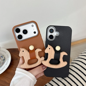 Brown and black faux leather iPhone case with a creative wooden rocking horse decoration