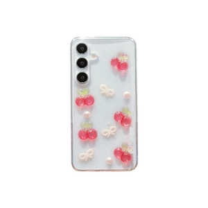 Transparent Samsung Galaxy S24 case with 3D cherry, pearl bow, and glitter accents