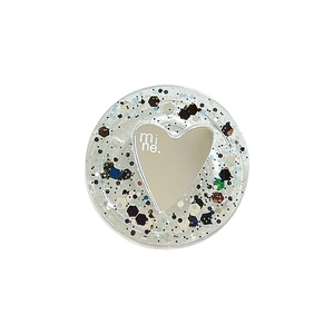 Sparkling heart mirror phone grip with colorful sequins and mi ne lettering on white