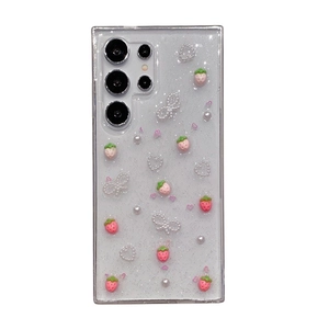Glitter clear case for Samsung S25 Ultra with 3D strawberry, pearls, and bow decoration