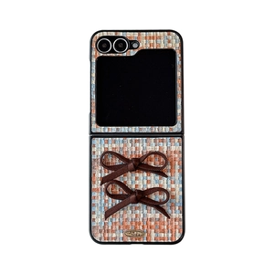 Tweed bow folding case for Samsung Galaxy Z Flip with woven texture and metal plate