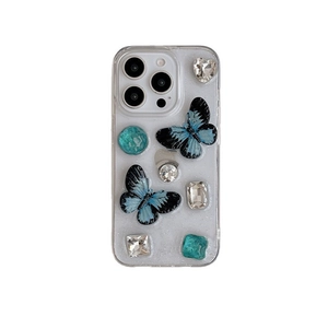 Glitter transparent iPhone case with gradient 3D butterflies and sparkling rhinestones