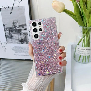Detailed view of pink glitter sparkle case on Samsung S24 Ultra with glossy finish
