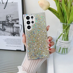 Detail of glitter epoxy phone case for Samsung S24 Ultra with silver gold sequins finish
