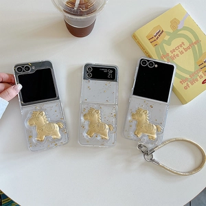 Coque De Téléphone Pour Samsung Galaxy Z Flip Fold Givré Transparent Feuille D Or Cheval Doré 3D Style Chinois