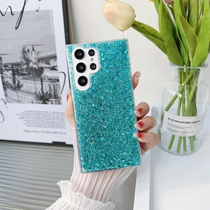 Detailed view of square blue glitter case for Samsung S24 Ultra with camera protection