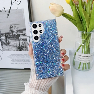 Detail of blue glitter phone case with hexagonal sequins for Samsung Galaxy Ultra series