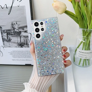 Close-up of sparkling silver glitter phone case with colorful sequins for Samsung S24 Ultra