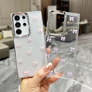 Coque de téléphone à paillettes avec nœud pour Samsung S24 S25 Ultra transparente