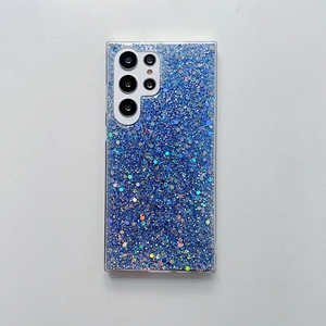 Detail view of blue glitter Samsung Galaxy Ultra case with sparkling sequins