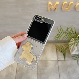Coque Samsung Z Flip avec feuille d'or et breloque cheval 3D pour le Nouvel An