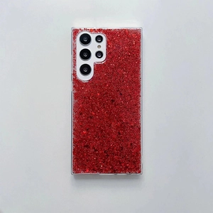 Detail of red glitter sparkle phone case for Samsung S24 Ultra with precise camera cutouts