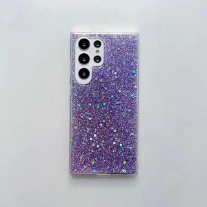 Detailed view of purple glitter and sequins on Samsung Galaxy S24 Ultra protective case