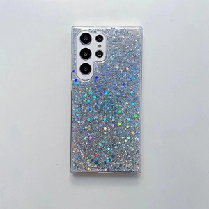 Detailed close-up of glitter sequins and silver foil inside the Samsung S24 Ultra clear case