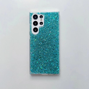 Close-up of teal glitter phone case with sparkling sequins for Samsung Galaxy S22 Ultra