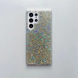 Detail of Samsung S24 Ultra case with gold glitter and multi-colored shiny sequins