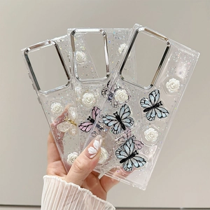 Glittery phone case with 3D white roses and colorful butterflies for Samsung Galaxy
