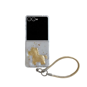 Coque pliable transparente avec cheval doré et feuilles d'or pour Samsung Z Flip