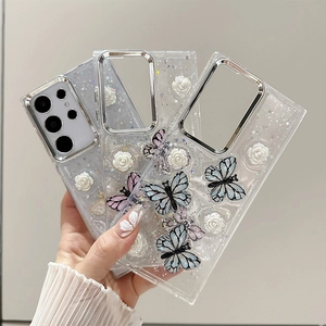 Glitter phone case with 3D white roses and butterfly motifs for Samsung S25 Ultra