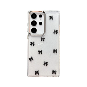 Coque pailletée transparente avec petits nœuds noirs pour Samsung S24 S25 Ultra