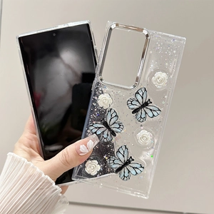 Sparkly clear case for Samsung S24 Ultra with 3D blue butterflies and white rose decor