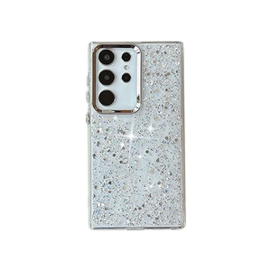 Sparkly silver glitter phone case for Samsung S25 Ultra with metal camera protection frame