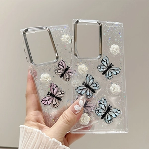 Detail of glitter phone case with 3D resin roses, butterflies and silver camera frame