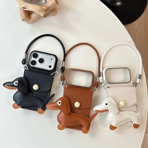 Litchi texture iPhone case with Dachshund wallet and wrist strap in three colors