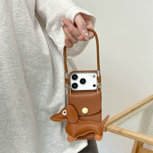 Litchi pattern leather phone case with dachshund card holder and crossbody strap
