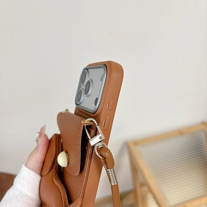 Brown litchi leather phone case with mini wallet pouch and adjustable crossbody strap