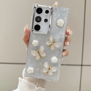 Detail of 3D resin roses and metallic butterflies on glitter Samsung Galaxy case