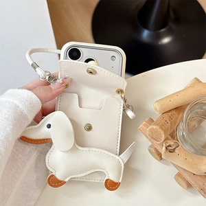 Detail of cream lychee leather iPhone case featuring 3D dachshund and card holder slot