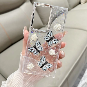 Detail of 3D rose and butterfly glitter phone case for Samsung with metal camera guard