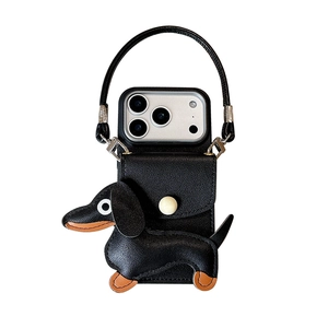 Black leather dachshund wallet phone case for iPhone with detachable crossbody strap