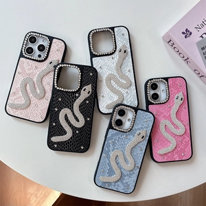 Luxury faux snakeskin phone case with crystal rhinestone snake for iPhone 16 Pro Max