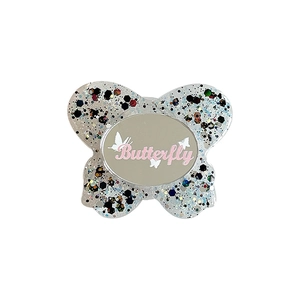 Sparkly glitter butterfly phone grip and mirror accessory with pink text on white background