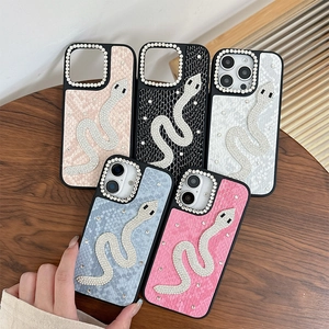 Leather iPhone case with rhinestone snake design in pink, black, white, blue and red colors
