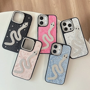 Leather iPhone case with snakeskin texture and rhinestone snake emblem in five colors