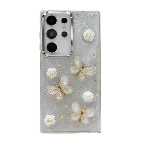 3D white roses and butterflies on clear glitter case for Samsung S25 Ultra