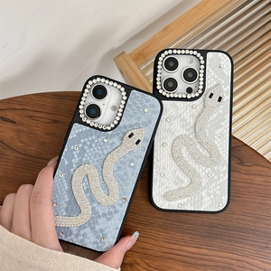 Luxury faux snake skin iPhone case with sparkling rhinestone serpent and diamond camera frame