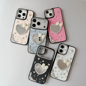 Luxury Heart Mirror Phone Case Snake Texture Faux Leather Rhinestone Artificial Pearl Bowknot For iPhone 16 15 14 13 12 11